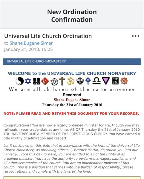 Rev. Fr. Shane E Simar Dr. HC