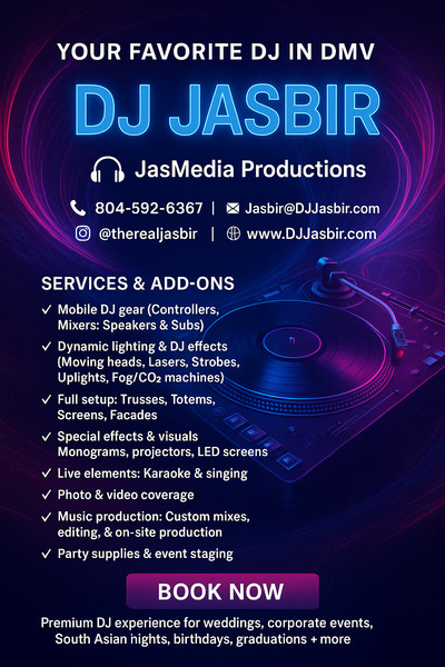 DJ Jasbir Indian, Bollywood, Desi, Bhangra, Punjabi, Hindi, Telugu, Marathi DJ VA